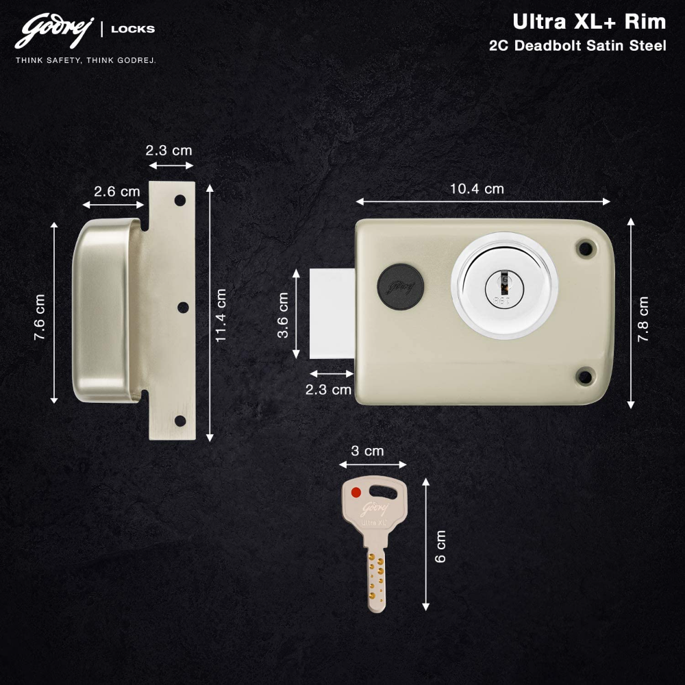 Godrej Rim Lock l 1CK Deadbolt l For Outside Opening Main  and Safety Door I For Balcony doors LeftorRight-Handed Doors l 60 mm Backset I 4 Keys l 5-Year Warranty l Satin Sliver Finish